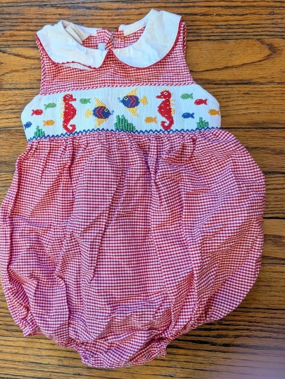 Vintage Silly Goose Hand Smocked Romper Jumpsuit Infant Girls 6M Red White